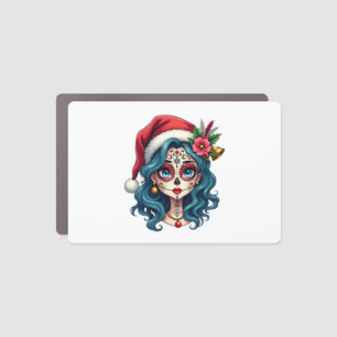 Christmas Sugar Skull Art Woman Santa Hat Festive Car Magnet