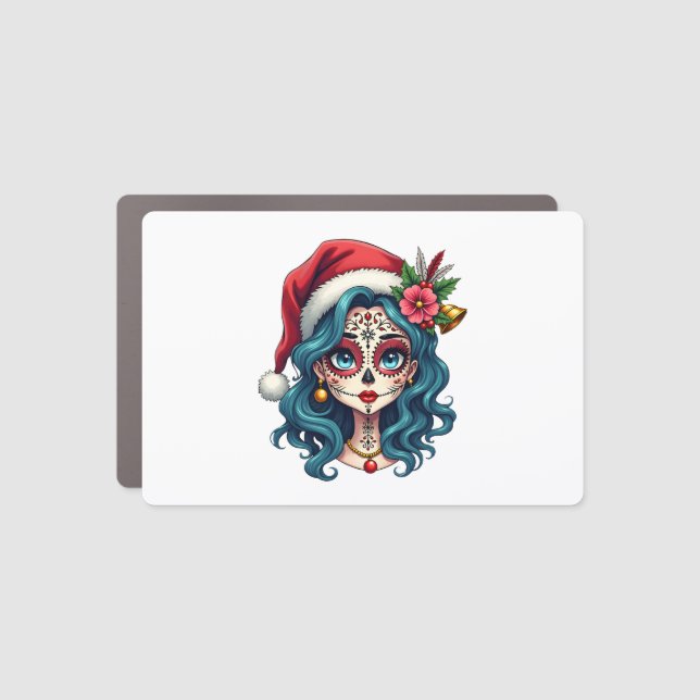 Christmas Sugar Skull Art Woman Santa Hat Festive  Car Magnet (Front)
