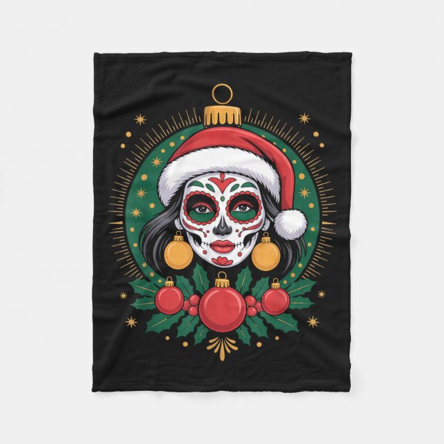 Christmas Sugar Skull Art Woman Santa Hat Festive  Fleece Blanket (Front)
