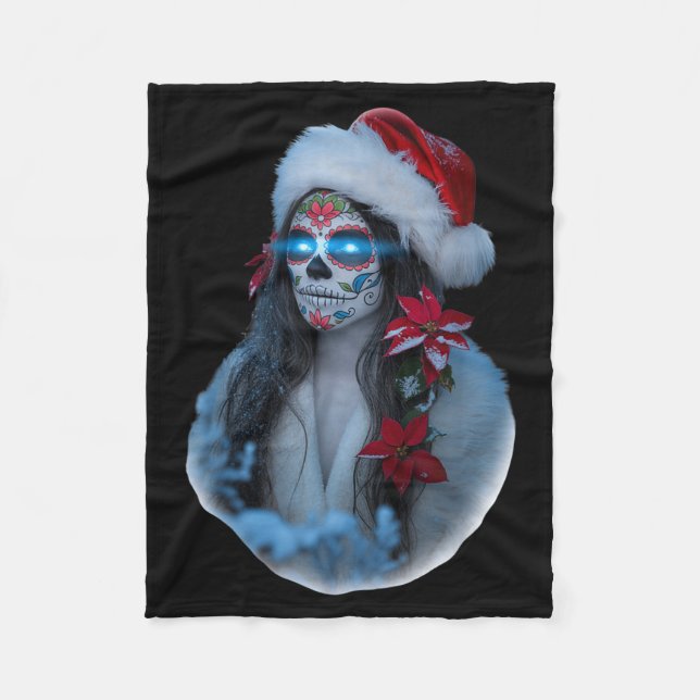 Christmas Sugar Skull Art Woman Santa Hat Festive  Fleece Blanket (Front)