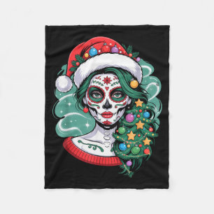 Christmas Sugar Skull Art Woman Santa Hat Festive Fleece Blanket