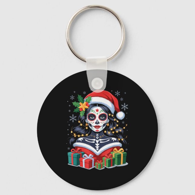 Christmas Sugar Skull Art Woman Santa Hat Festive  Keychain (Front)