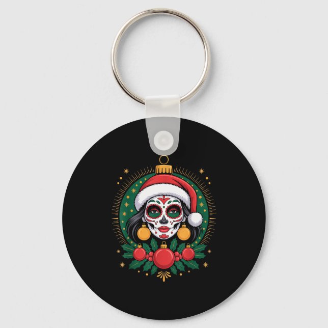Christmas Sugar Skull Art Woman Santa Hat Festive  Keychain (Front)