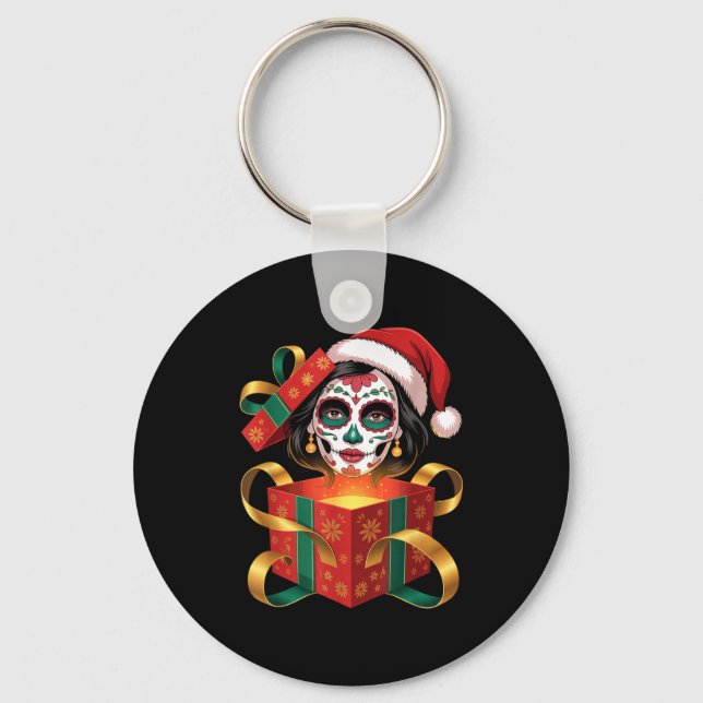 Christmas Sugar Skull Art Woman Santa Hat Festive  Keychain (Front)