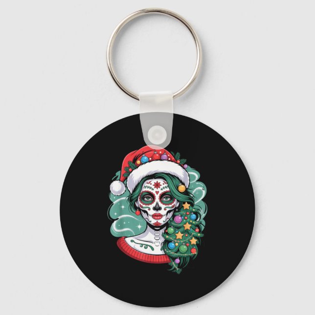 Christmas Sugar Skull Art Woman Santa Hat Festive  Keychain (Front)