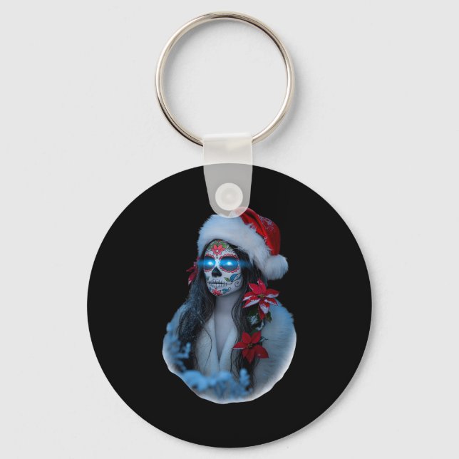 Christmas Sugar Skull Art Woman Santa Hat Festive  Keychain (Front)