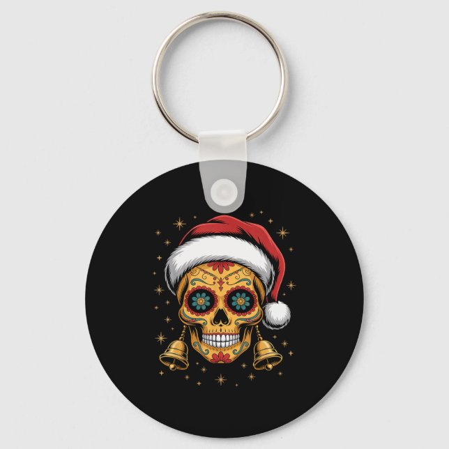 Christmas Sugar Skull Art Woman Santa Hat Festive  Keychain (Front)