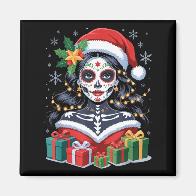 Christmas Sugar Skull Art Woman Santa Hat Festive  Magnet (Front)