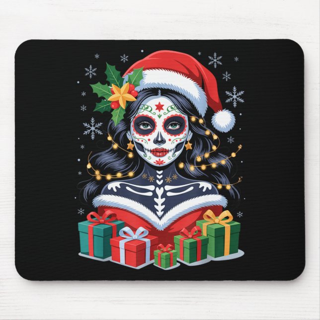 Christmas Sugar Skull Art Woman Santa Hat Festive  Mouse Pad (Front)