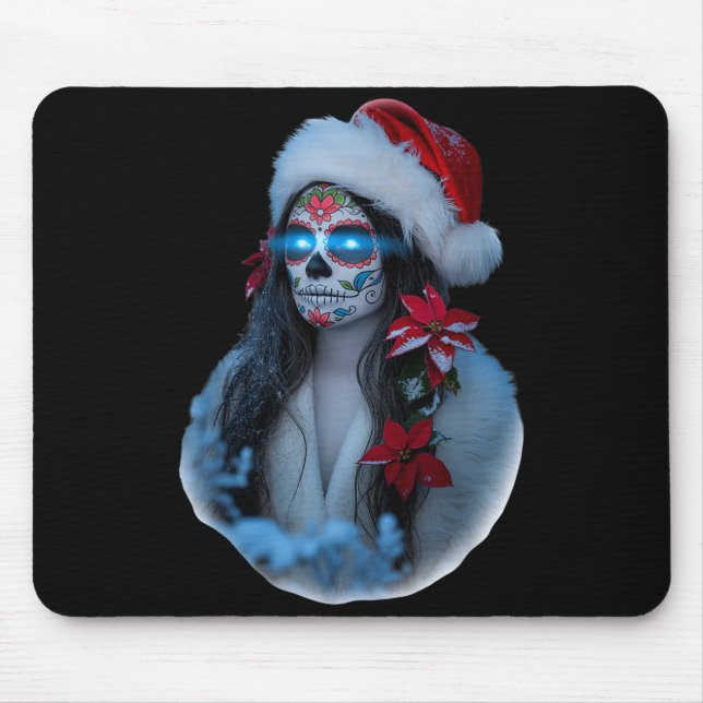 Christmas Sugar Skull Art Woman Santa Hat Festive  Mouse Pad (Front)