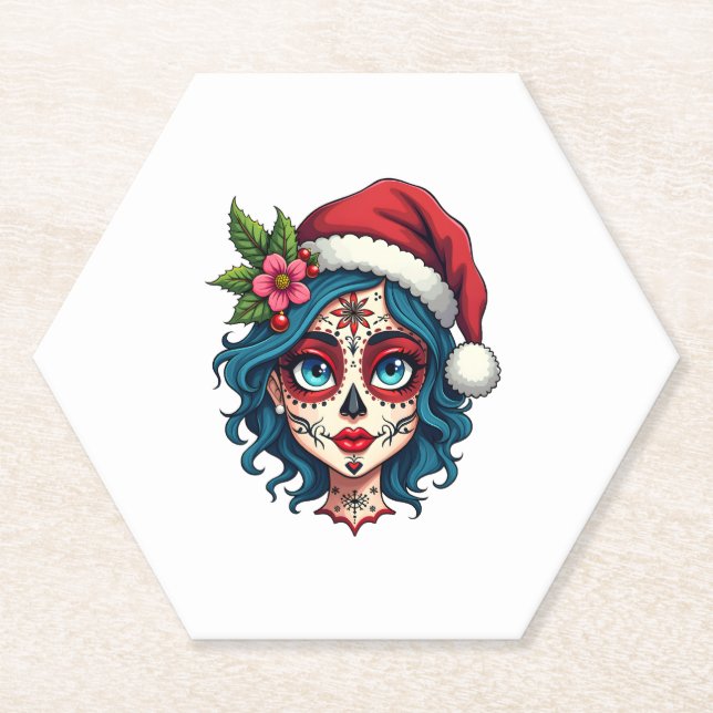 Christmas Sugar Skull Art Woman Santa Hat Festive  Paper Coaster (Front)