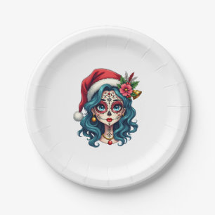 Christmas Sugar Skull Art Woman Santa Hat Festive Paper Plates