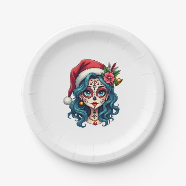 Christmas Sugar Skull Art Woman Santa Hat Festive  Paper Plates (Front)
