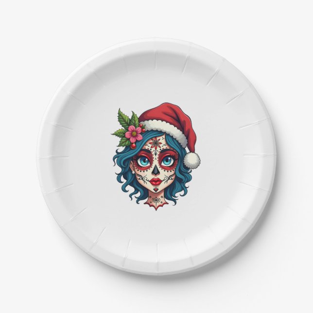 Christmas Sugar Skull Art Woman Santa Hat Festive  Paper Plates (Front)