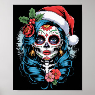 Christmas Sugar Skull Art Woman Santa Hat Festive Poster