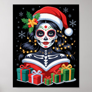 Christmas Sugar Skull Art Woman Santa Hat Festive Poster