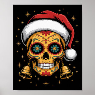 Christmas Sugar Skull Art Woman Santa Hat Festive Poster