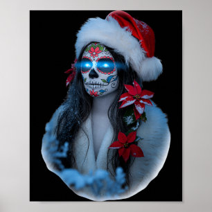 Christmas Sugar Skull Art Woman Santa Hat Festive Poster