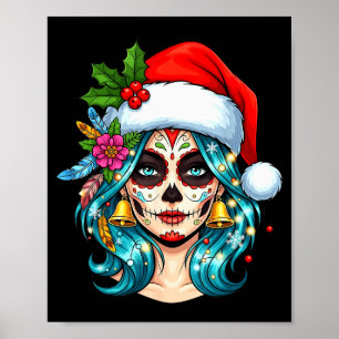 Christmas Sugar Skull Art Woman Santa Hat Festive Poster