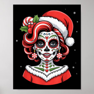 Christmas Sugar Skull Art Woman Santa Hat Festive Poster