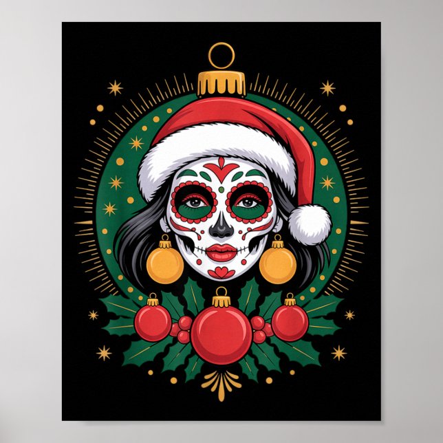 Christmas Sugar Skull Art Woman Santa Hat Festive  Poster (Front)