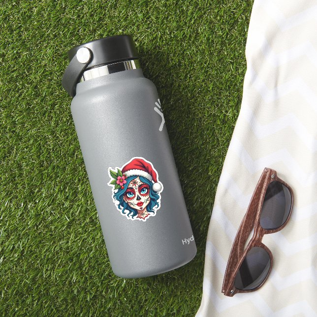 Christmas Sugar Skull Art Woman Santa Hat Festive  Sticker (HydroFlask Insitu)