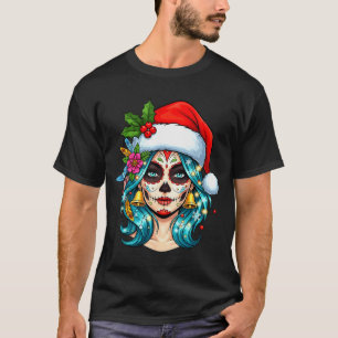 Christmas Sugar Skull Art Woman Santa Hat Festive T-Shirt