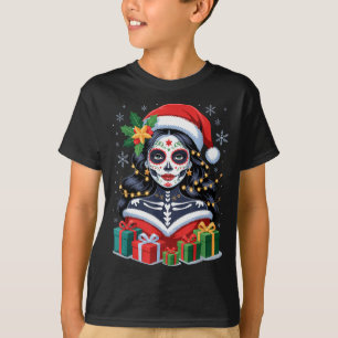 Christmas Sugar Skull Art Woman Santa Hat Festive T-Shirt