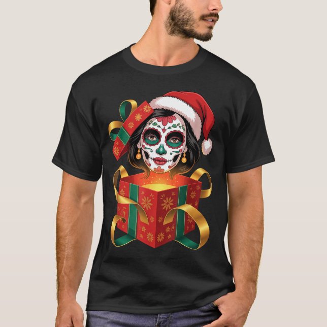 Christmas Sugar Skull Art Woman Santa Hat Festive  T-Shirt (Front)
