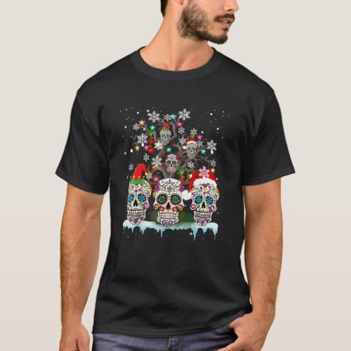Christmas Sugar Skull On Tree Funny Santa Sugar Sk T_Shirt