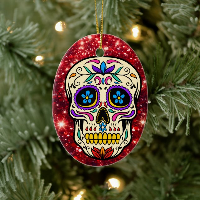 Christmas Sugar Skull Red Glitter  Ceramic Ornament (Tree)