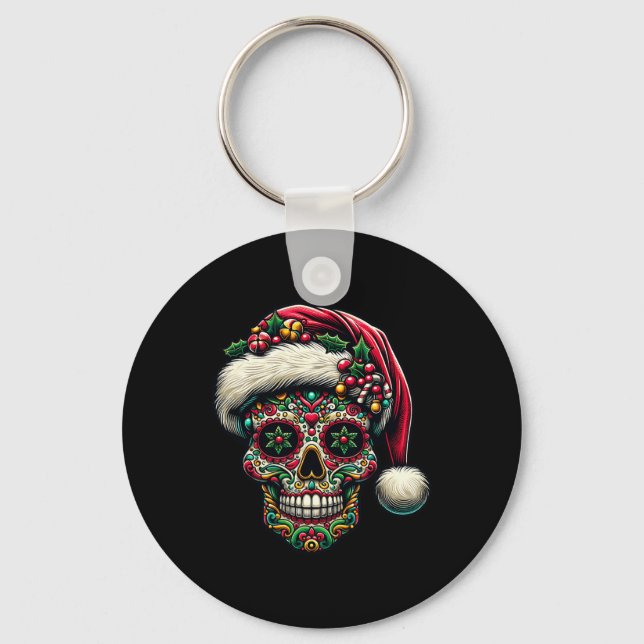 Christmas Sugar Skull Santa Hat Day Of The Dead Xm Keychain (Front)