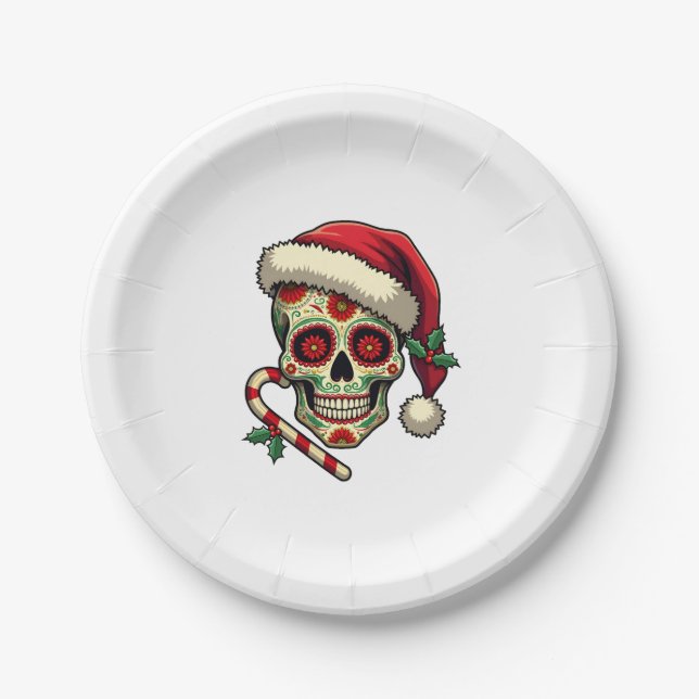 Christmas Sugar Skull Santa Hat Day Of The Dead Xm Paper Plates (Front)