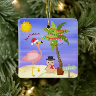 Christmas Summer Flamingo Beach Personalized Name Ceramic Ornament