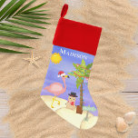 Christmas Summer Flamingo Beach Personalized Name Christmas Stocking<br><div class="desc">This design features a cute summer Christmas beach scene with a festive tropical flamingo wearing a Santa hat,  Christmas lights on a palm tree and sandy snowman on the beach. Perfect for those celebrating a tropical or summer Christmas #Christmas #Xmas #summerchristmas #tropicalchristmas #flamingo #gifts #christmasdecor #christmasstockings #stockings #giftsforkids</div>