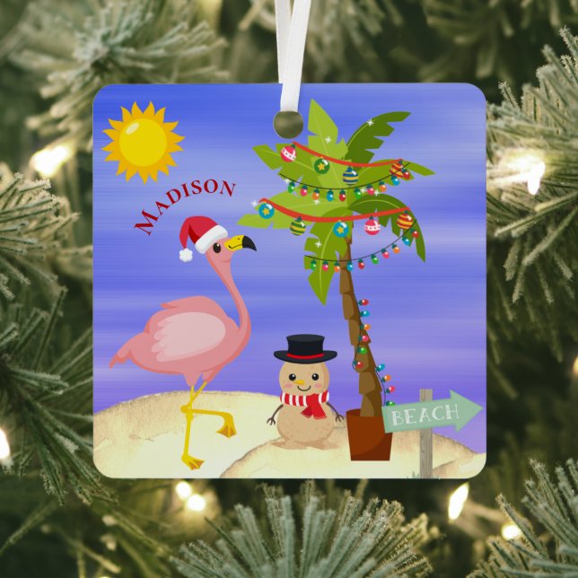 Christmas Summer Flamingo Beach Personalized Name Metal Ornament (Insitu)