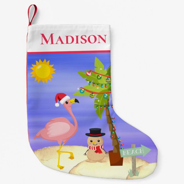 Christmas Summer Flamingo Beach Personalized Name Small Christmas Stocking (Front)
