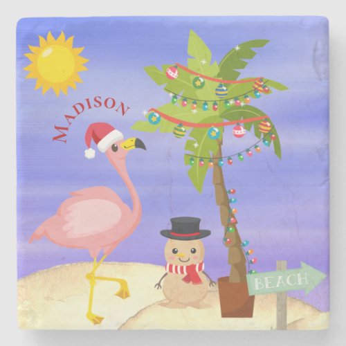 Christmas Summer Flamingo Beach Personalized Name Stone Coaster