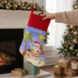 Christmas Summer Santa Beach Holidays Personalized Christmas Stocking<br><div class="desc">This design features a cute summer Christmas beach scene with tropical Santa with festive palm tree and sandy snowman on the beach. Perfect for those celebrating a tropical or summer Christmas #Christmas #Xmas #summerchristmas #tropicalchristmas #gifts #christmasdecor #christmasstockings #stockings #giftsforkids</div>