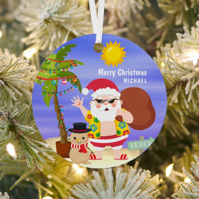 Christmas Summer Santa Beach Holidays Personalized Metal Ornament (Insitu)