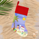Christmas Summer Santa Beach Kids Personalized Christmas Stocking<br><div class="desc">This design features a cute summer Christmas beach scene with a tropical Santa with festive palm tree and sandy snowman on the beach. Perfect for those celebrating a tropical or summer Christmas Personalized by editing the text in the text box provided #Christmas #Xmas#christmasdecor #christmasstockings  #stockings #kids #giftsforkids</div>