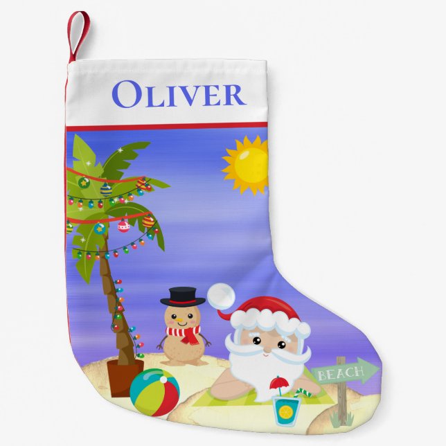 Christmas Summer Santa Beach Kids Personalized Small Christmas Stocking (Front)