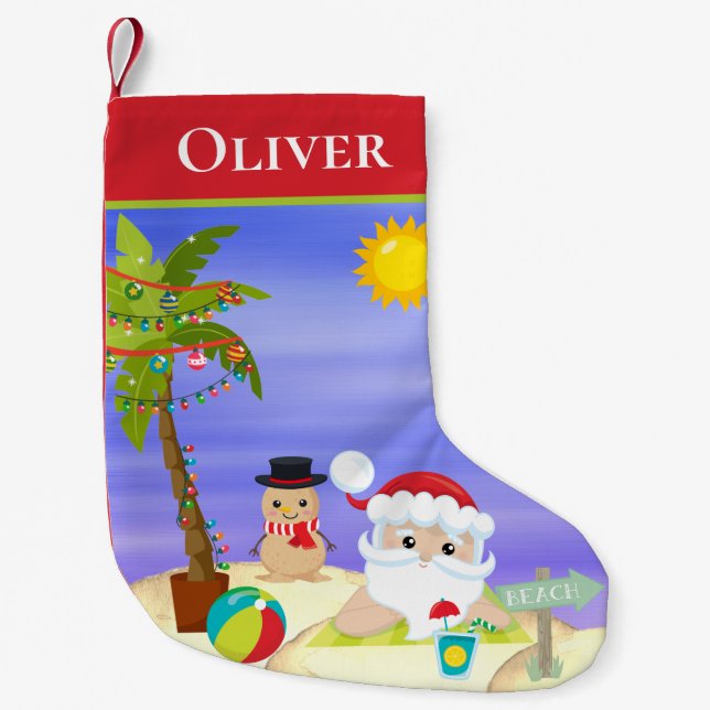 Christmas Summer Santa Beach Kids Personalized Small Christmas Stocking (Front)