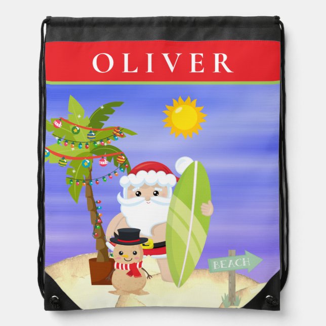 Christmas Summer Santa Beach Surfing Name Cute Drawstring Bag (Front)
