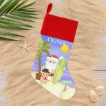 Christmas Summer Santa Beach Surfing Personalized Christmas Stocking<br><div class="desc">This design features a cute summer Christmas beach scene with a tropical surfing Santa with festive palm tree and sandy snowman on the beach. Perfect for those celebrating a tropical or summer Christmas #Christmas #Xmas #gifts #christmasdecor #christmasstockings #stockings #kids #giftsforkids</div>