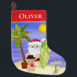 Christmas Summer Santa Beach Surfing Personalized Small Christmas Stocking<br><div class="desc">This design features a cute summer Christmas beach scene with a tropical surfing Santa with festive palm tree and sandy snowman on the beach. Perfect for those celebrating a tropical or summer Christmas #Christmas #merry #merrychristmas #Xmas #summerchristmas #tropicalchristmas #beachchristmas #beach #tropical #cute #holidays #surfing #surf #surfboard #gifts #gift #seasonal #festive...</div>