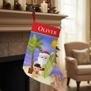Christmas Summer Santa Beach Surfing Personalized Stocking