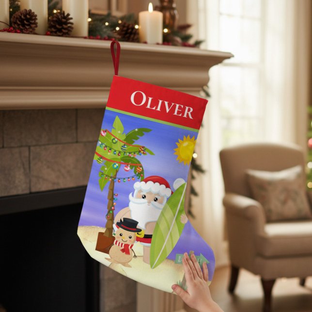Christmas Summer Santa Beach Surfing Personalized Stocking (Creator Uploaded)