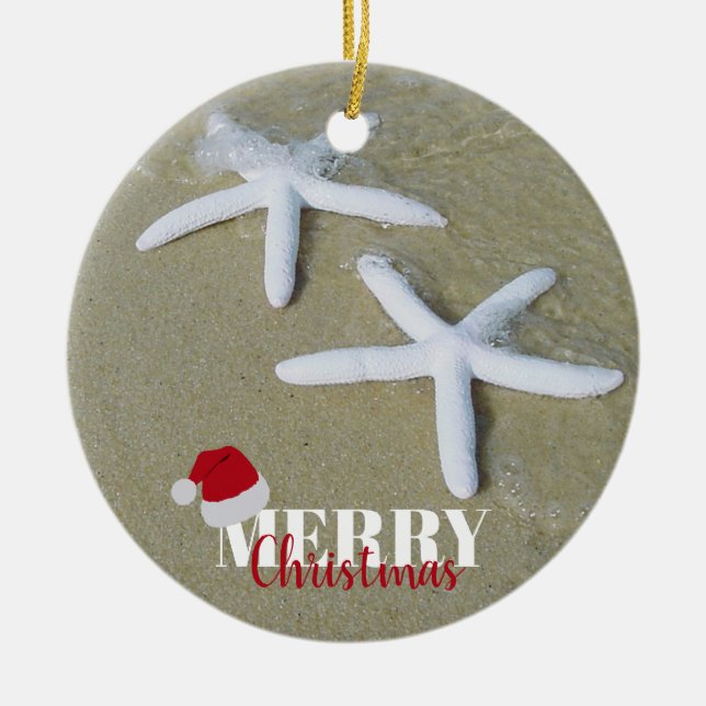 Christmas Summer Starfish Beach Xmas Ceramic Ornament (Front)