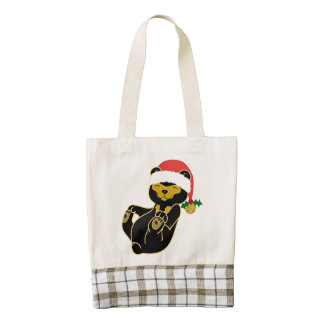 Christmas Sun Bear with Santa Hat & Jingle Bell Zazzle HEART Tote Bag